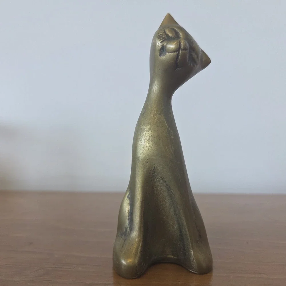 Vintage Brass‎ Cat Figurine Sitting Retro MCM Style 6